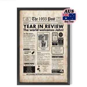 Australische 70e verjaardagscadeau, 1955 jaar waarin je geboren bent krant, 70 jaar geleden bord, echte AU-verkoper, ingelijste of digitale opties