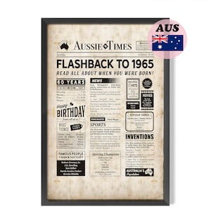 AUSTRALIAN 1965 60th Birthday Poster, 60 Years Ago Back In 1965 Decoration, 60th Instant Download Gift for Mum or Dad + Free Printable Games