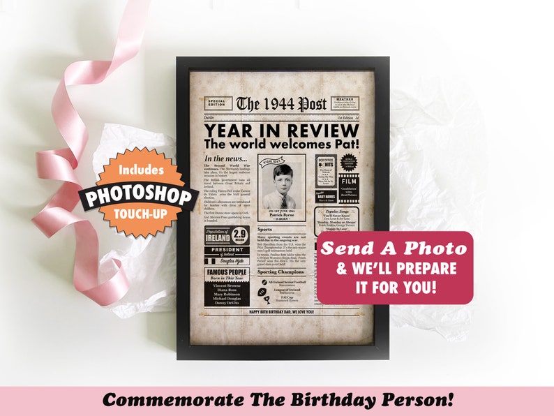 Irish 80th Birthday Newspaper Sign 1944 Digital Personalised Year You Were Born Poster About Ireland imagem 2