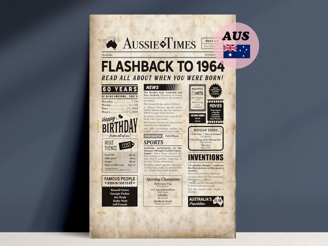 60 Years Ago Back in 1964 Australian Newspaper Digital Download, Print