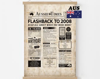 2008 Aussie Times Birthday Newspaper Poster - Australian History Gift, Born in 2008 Print