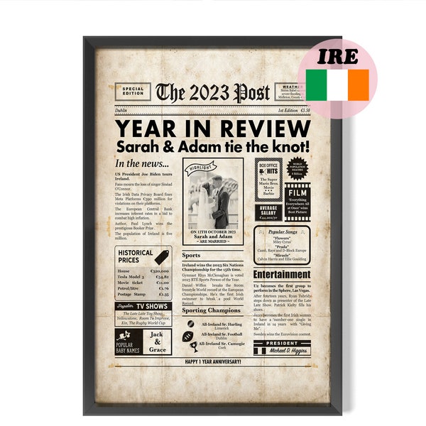 Irish 1st Anniversary Personalised Newspaper Gift For Husband Or Wife, Digital JPEG For A2, A3 or A4 Size