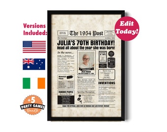 Editable 70 Years Ago Birthday Newspaper About 1954 - includes US, Australian & Irish versions - Do It Yourself digital template