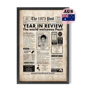 50th Birthday Framed 1975 Personalised Newspaper Print, Genuine Australian Seller