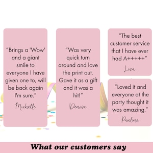 May include: Image features customer testimonials on pink rectangular cards. Quotes include phrases like "Wow" and "amazing." The text is set against a white background with confetti and a yellow ribbon. The phrase "What our customers say" is at the bottom.