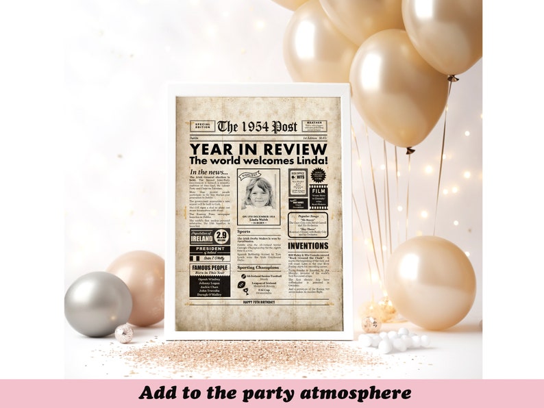 Irish 70th Birthday Gift, 1954 Newspaper About Ireland, The Year You Were Born Printable Sign, Print A2, A3 & A4 image 3