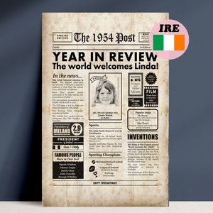 Irish 70th Birthday Gift, 1954 Newspaper About Ireland, The Year You Were Born Printable Sign, Print A2, A3 & A4 image 1