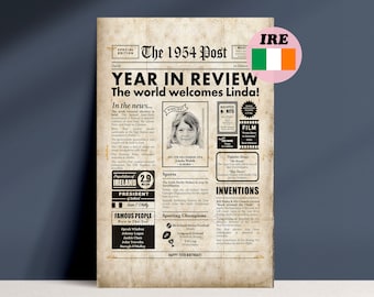 Irish 70th Birthday Gift, 1954 Newspaper About Ireland, The Year You Were Born Printable Sign, Print A2, A3 & A4