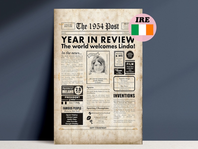 Irish 70th Birthday Gift, 1954 Newspaper About Ireland, The Year You Were Born Printable Sign, Print A2, A3 & A4 image 1