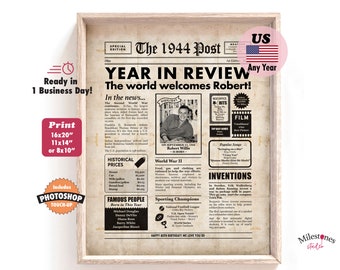 80th Birthday Gift For Mom or Dad, US Newspaper Personalized Printable with 1944 Fun Facts