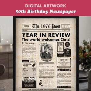 May include: A framed 50th birthday newspaper print with the headline "Year in Review." The vintage-style print features articles, historical prices, famous people, and sports highlights from 1976. The text "The world welcomes Chris!" is prominently displayed.
