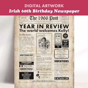 Irländsk 60-årsdagspresent, Irlands fakta om 1966, tidning, personlig vintageutskrift