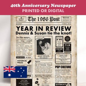 May include: A retro newspaper print marking a 40th anniversary. The headline reads "Year in Review" with the names "Dennis & Susan." The newspaper features articles, a photo, and the Australian flag.