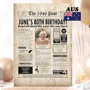 Giornale australiano personalizzato del 1946 / Regalo per l'80° compleanno (Opera d'arte digitale)