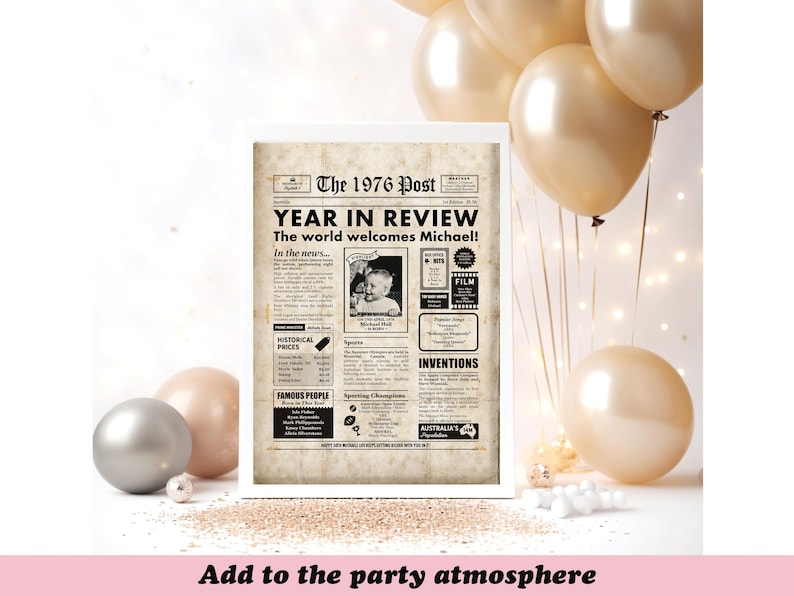 Pu&ograve; includere: Una stampa incorniciata progettata per assomigliare a un giornale d'epoca del 1976, con il titolo "YEAR IN REVIEW" e il testo "The world welcomes Michael!". La stampa include una foto e varie sezioni. Palloncini ed elementi decorativi circondano la cornice.