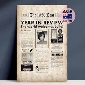 Periódico del 75.° aniversario de 1950 con datos sobre Australia, póster personalizado, opciones digitales y enmarcadas