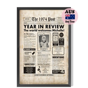 AUSTRALIAN 50th Birthday 1974 Year You Were Born Newspaper Poster With Facts From 50 Years Ago, AUS Seller