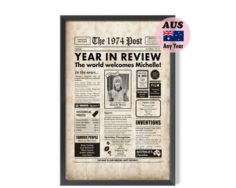 50th Birthday Framed 1974 Personalised Newspaper Print, Australian Seller
