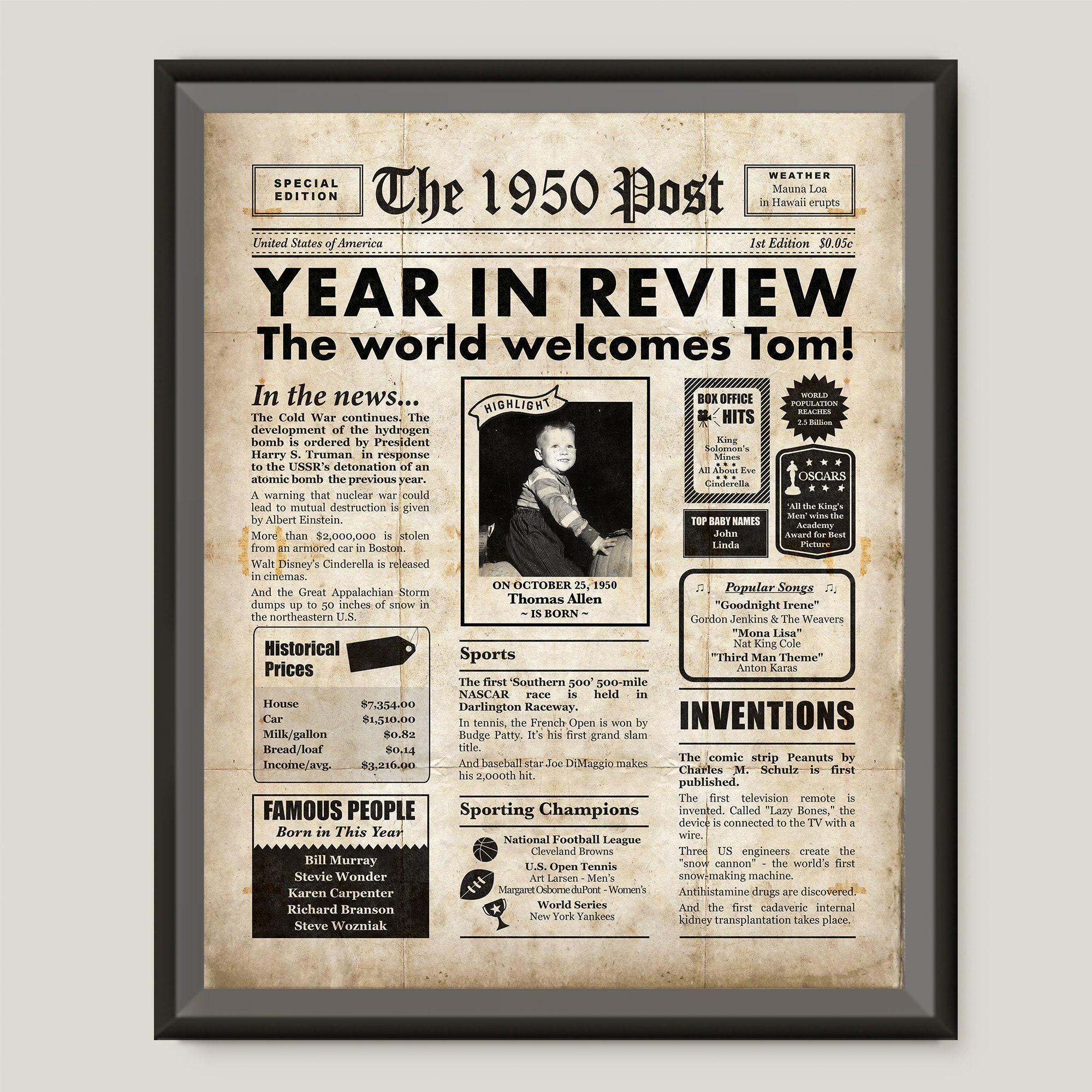 1950 Newspaper Poster Personalized Newspaper Printable Jpg Etsy