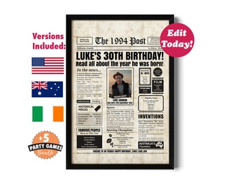 Editable 30th Birthday Photo Newspaper Poster About 1984 - 30th Gift - US, Australian & Irish versions included - DIY Template