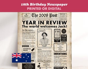 AUSTRALIAN Personalised 18th Birthday Newspaper Poster, Year in Review 2008, Custom Milestone Gift, Vintage Style Party Decor