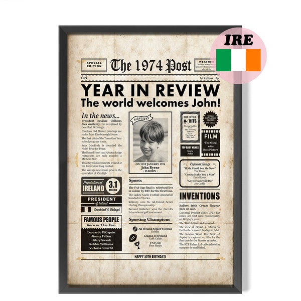 IRISH 50th Birthday, 1974 Personalised Newspaper Digital Poster