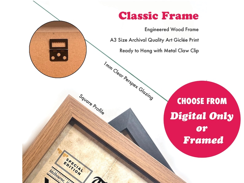 May include: Image of a classic frame with a square profile, available framed or digital only. The frame is made of engineered wood and features an A3 size archival quality art gicl&eacute;e print, ready to hang with a metal claw clip.