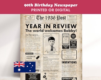 1936 90th Birthday Australian Newspaper Gift, Personalised Poster, Framed & Digital Options, Genuine Australian Seller