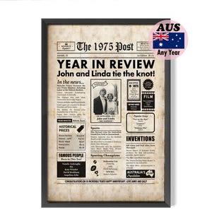 Póster imprimible personalizado de periódico de 1975, regalo del 50.° aniversario, vendedor australiano genuino