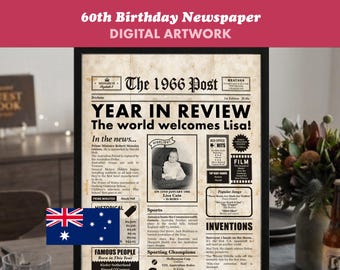 Personalised 1966 Newspaper 60th Birthday Poster, Australia Year in Review Artwork, Custom Name Print