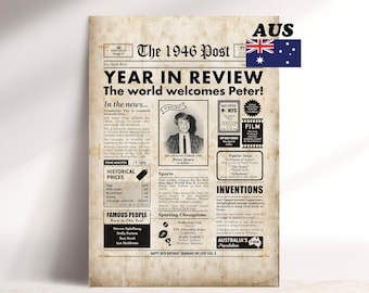 1946 Australian Newspaper Poster, 80th Birthday Gift (Digital/Framed)