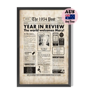 AUSTRALIAN 70th Birthday Gift, Personalised 1954 Newspaper Poster, Framed & Digital Option