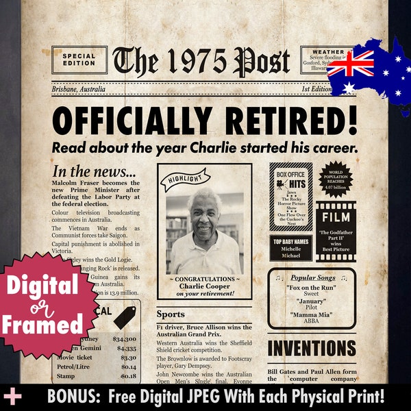 Retirement Gift - Australian Personalised Newspaper Poster - All Years Available - Gift for Work Colleague - Australian Seller