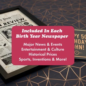 Pu&ograve; includere: Stampa di giornale vintage incorniciata con il titolo "The 1973 Post" e il testo "Year in Review". Una scheda rosa elenca "Major News & Events" e altre caratteristiche. &Egrave; visibile anche un biglietto di compleanno nero e oro.