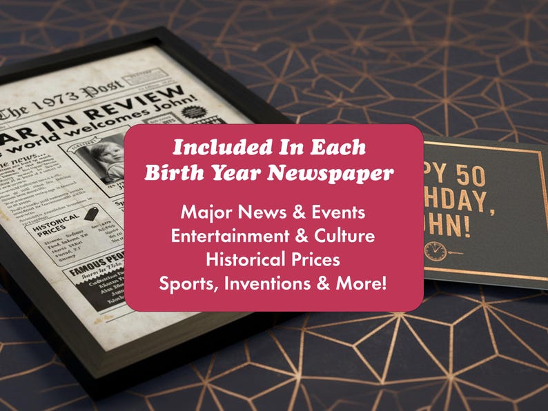 Pu&ograve; includere: Stampa di giornale vintage incorniciata con il titolo "The 1973 Post" e il testo "Year in Review". Una scheda rosa elenca "Major News & Events" e altre caratteristiche. &Egrave; visibile anche un biglietto di compleanno nero e oro.