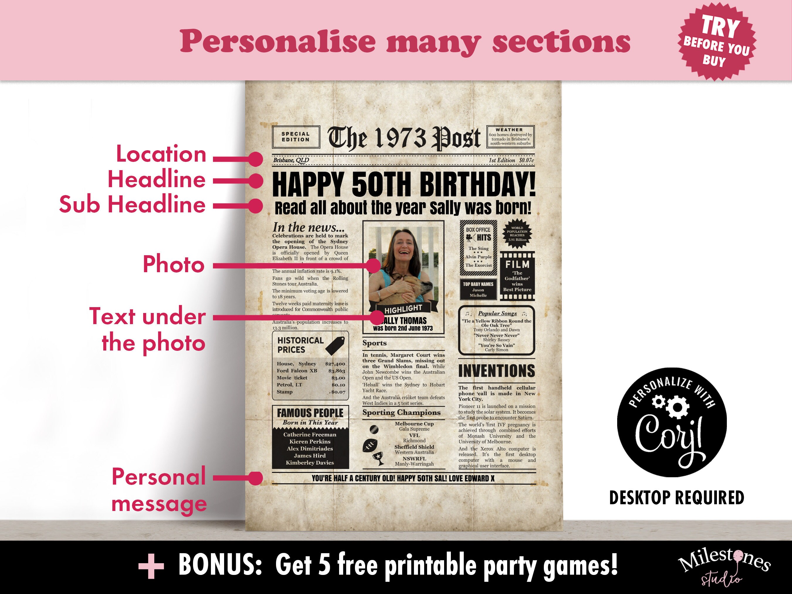 EDITABLE 50th Birthday Newspaper Gift for Men or Women Etsy