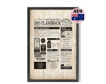 21st Flashback Poster, 2003 The Year You Were Born With Australian Facts, Personalised Gift
