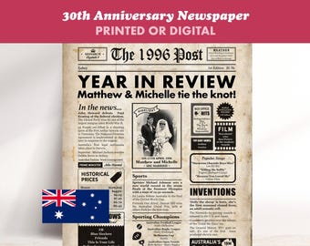 AUSTRALIAN 30th Anniversary Gift - 1996 Personaliased Printable Newspaper