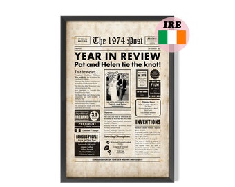 IRISH 50th Anniversary Gift,  1974 Newspaper Personalised Digital Poster for 50 Years of Marriage, Ireland