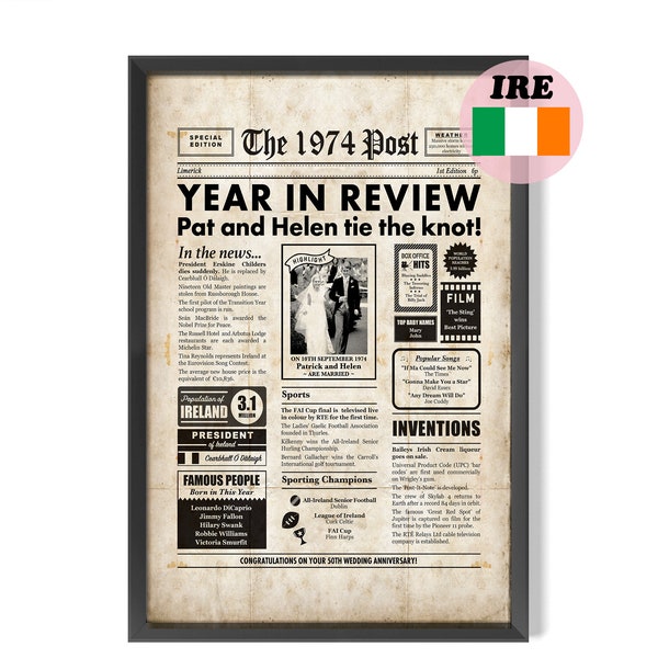 IRISH 50th Anniversary Gift,  1974 Newspaper Personalised Digital Poster for 50 Years of Marriage, Ireland