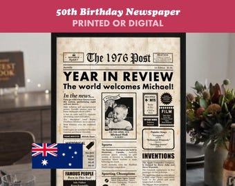 50th Birthday Australian Newspaper Poster, Year In Review 1976 Print, Digital and Framed options