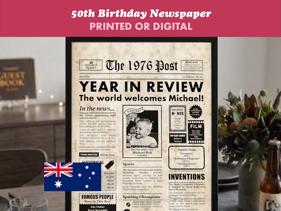 50th Birthday Australian Newspaper Poster, Year In Review 1976 Print, Digital and Framed options