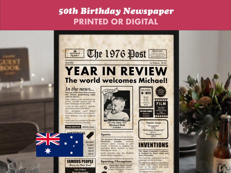 Pu&ograve; includere: Una stampa di giornale incorniciata per il 50&deg; compleanno con il titolo "The 1976 Post" e il testo "Year in Review". La stampa include una foto, eventi storici e canzoni popolari del 1976. La bandiera australiana &egrave; in basso a sinistra.