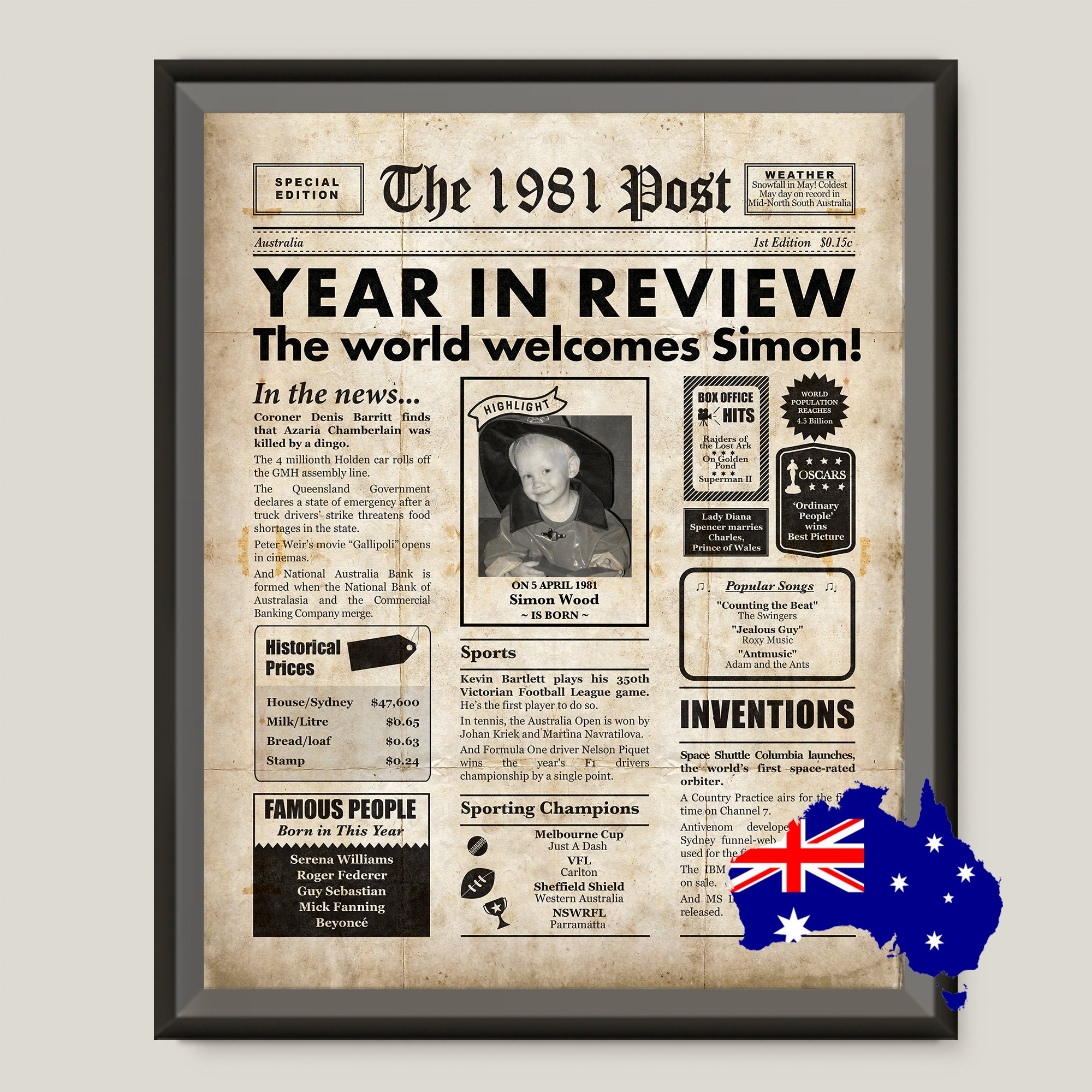 Australian 40th Birthday newspaper poster with 1981 facts Etsy