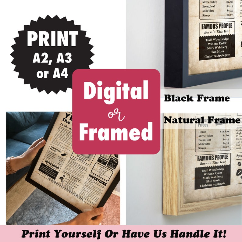 May include: The image showcases framed and digital prints, with options for A2, A3, or A4 sizes. The prints feature a vintage newspaper design with the text "FAMOUS PEOPLE Born in This Year." Available with a black or natural frame.