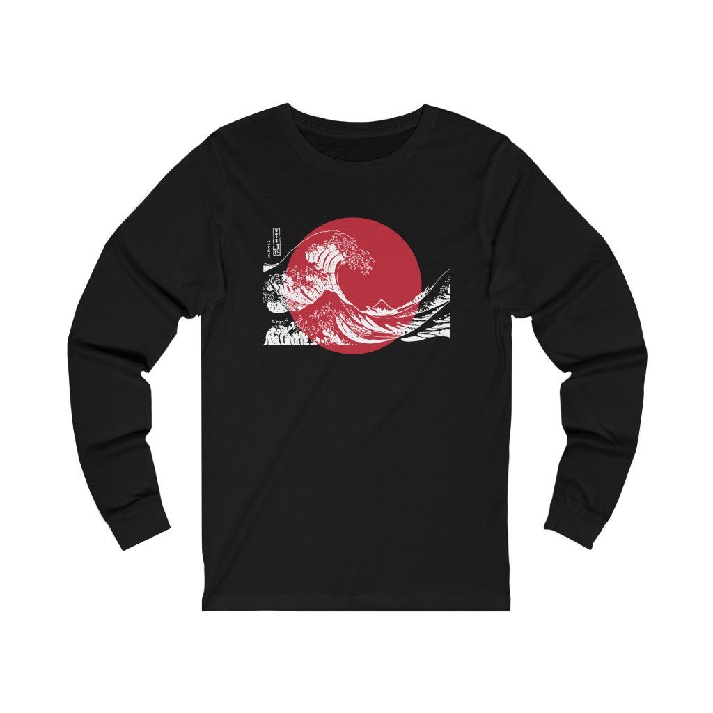 Image of Great Wave Flag - Unisex Long Sleeve Tee Aesthetic T-Shirt, Japanese Shirt, Aesthetic, Aesthetic Clothing, Japanese T-Shirt, Japan