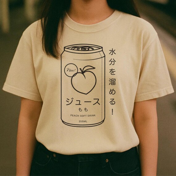 Kawaii Peach Soft Drink Shirt – Japanese Aesthetic T-Shirt - Unisex Boxy Fit Cotton Tee, Y2K Streetwear