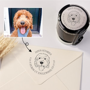 Gepersonaliseerde ronde adresstempel, adresstempel met huisdiergezicht, retouradresstempel, zelfinktende adresstempel, housewarmingcadeau, huwelijksstempel