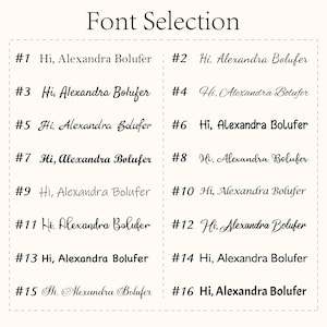 May include: A selection of 16 different font styles for the name "Hi, Alexandra Bolufer".