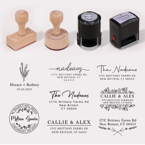 May include: A collection of wooden and self-inking stamps with various designs and text. The stamps include address information, names, and dates. The wooden stamps have a natural finish, while the self-inking stamps are black.